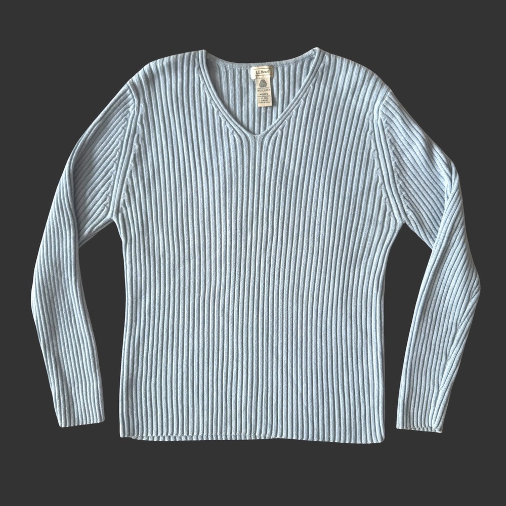LL Bean Womens XL Blue 100% Merino Wool Ribbed V Neck Sweater Preppy Soft girl‎